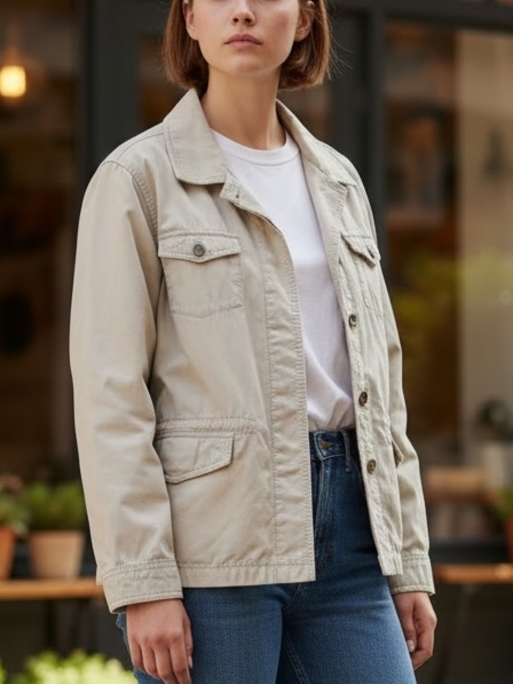 Eddie Bauer Women’s Khaki Cotton Outdoor Button-up Jacket,- Extra Large